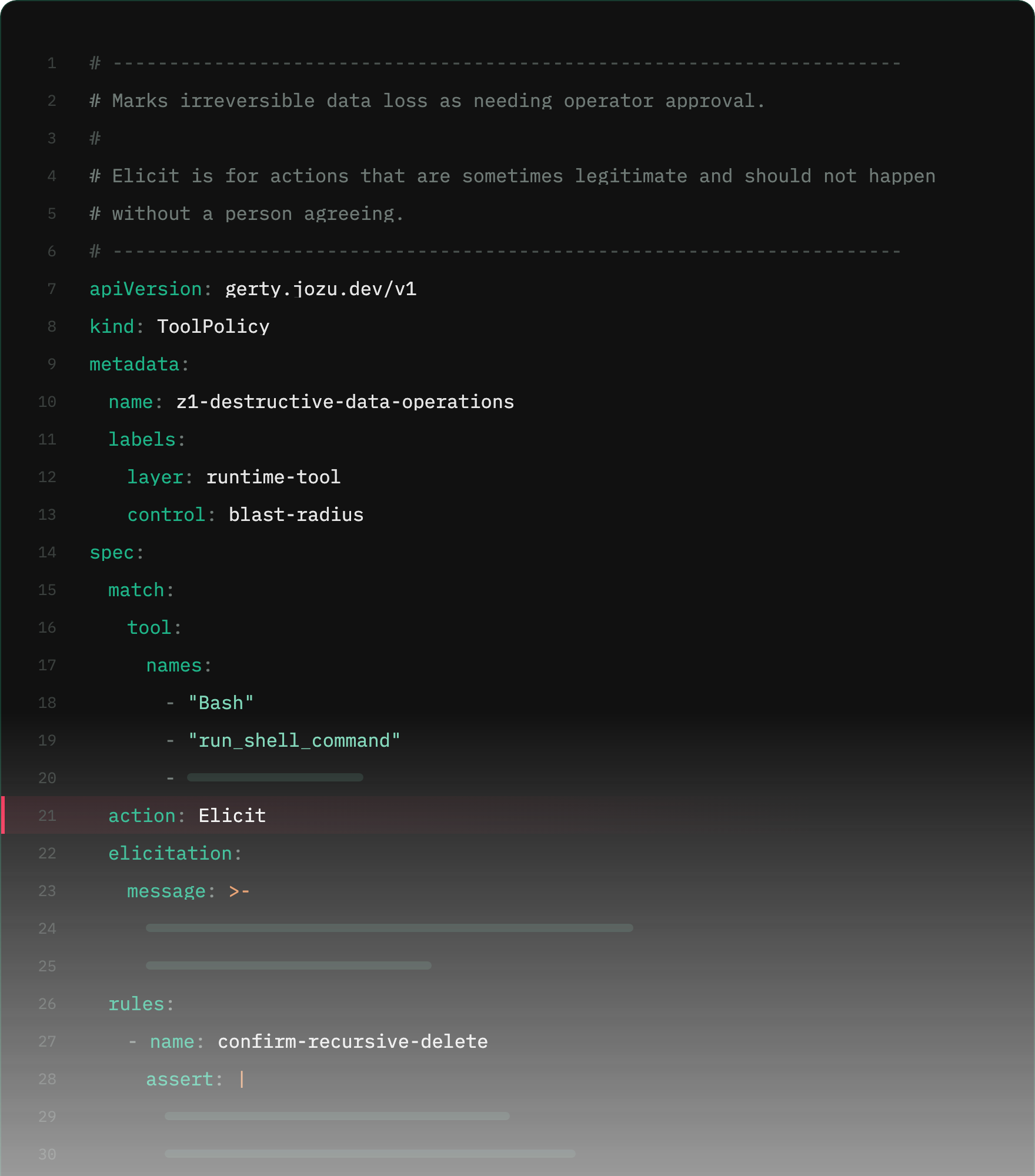 A ToolPolicy YAML file named z1-destructive-data-operations that matches the Bash and run_shell_command tools, sets its action to Elicit, and carries CEL rules for confirming a recursive delete and a destructive SQL statement
