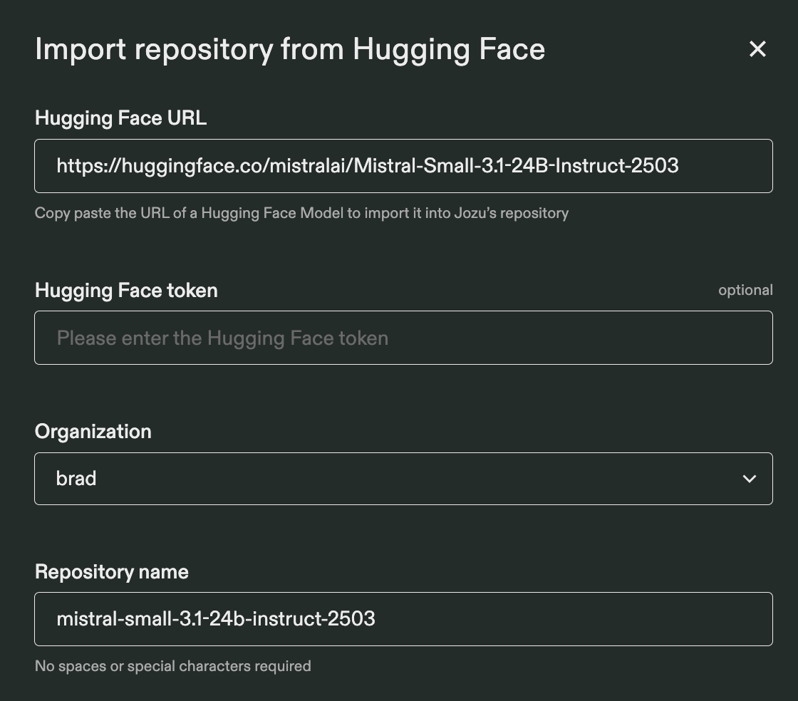 The Import from Hugging Face form lets you paste a HF URL and optionally a token
