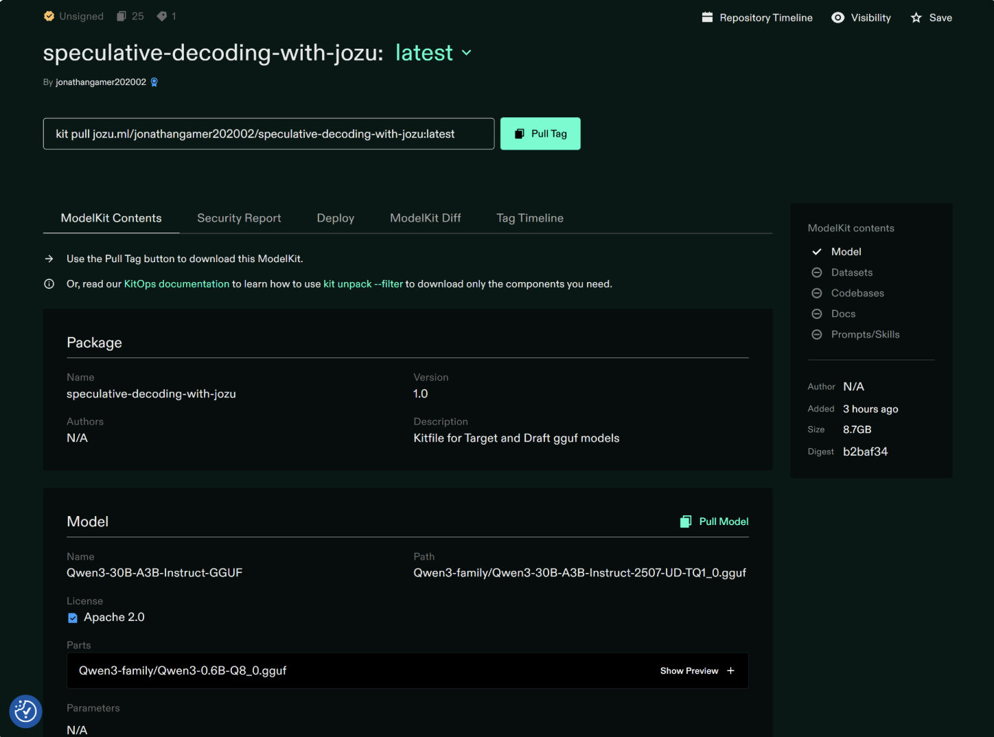 ModelKit contents shown in Jozu Hub after pushing