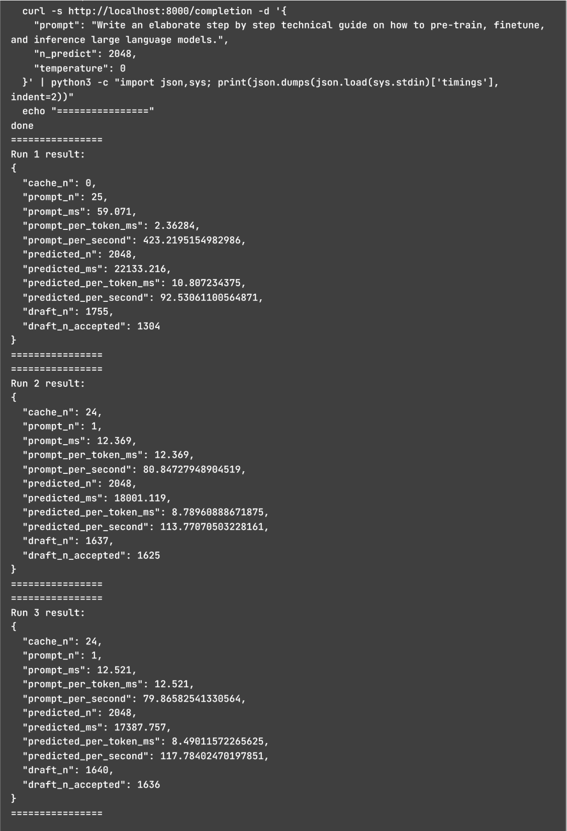 Timing results with speculative decoding enabled